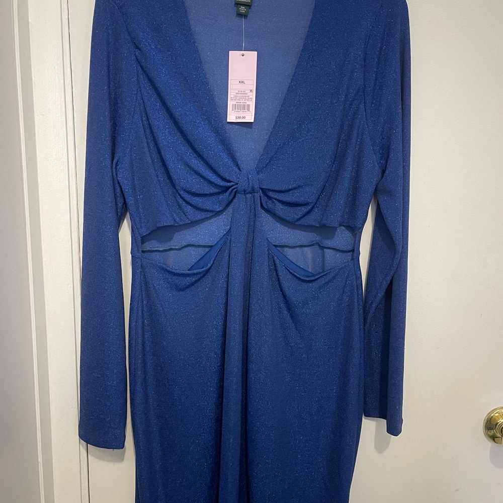 Blue Ruched Tie Front Long Sleeve Bodycon Dress